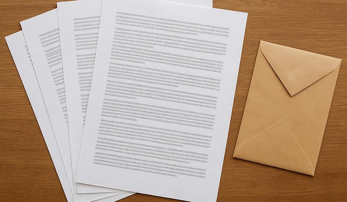 Image de plusieurs pages de lettre et une enveloppe.