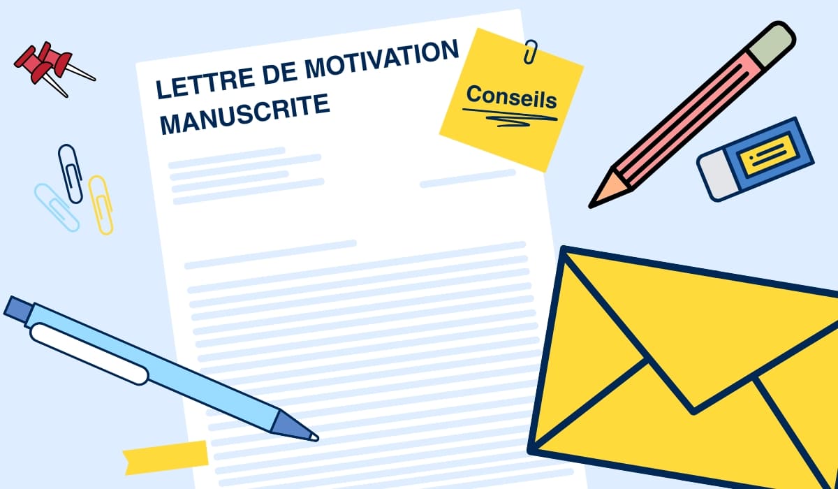 Image d'une lettre de motivation avec conseils, enveloppe et matériaux d'écriture