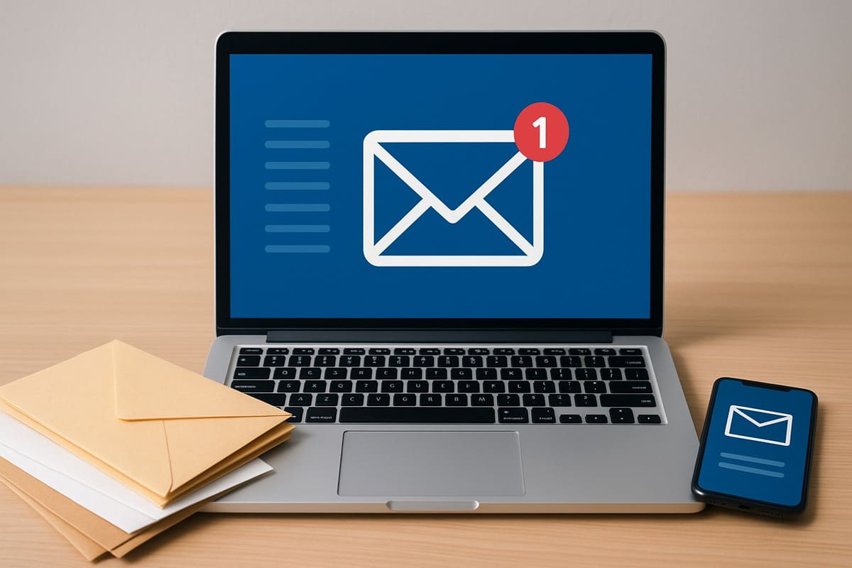 Image de plusieurs enveloppes, d'un smartphone et d'un ordinateur portable.