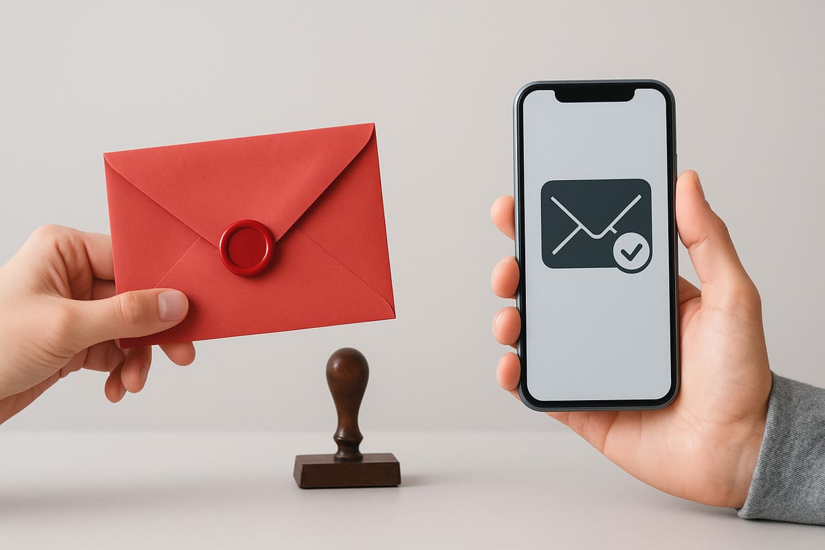 Image d'une enveloppe rouge, d'un tampon et d'un smartphone.