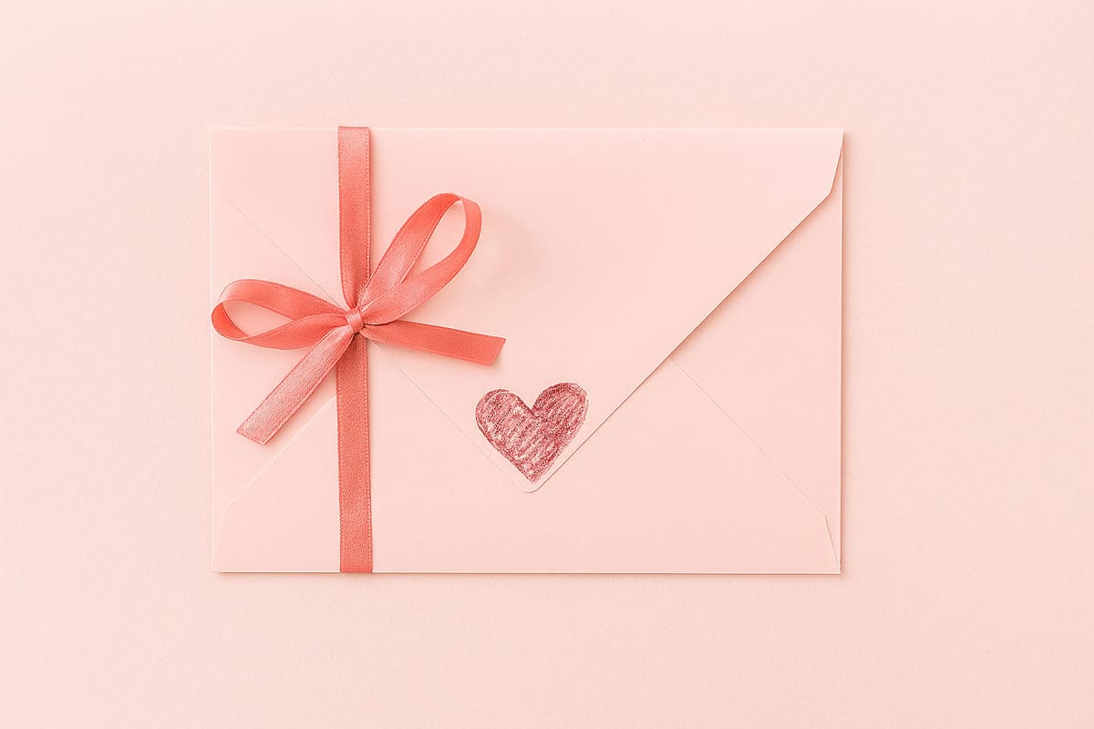 Image d'une enveloppe rose avec un ruban et un cœur.