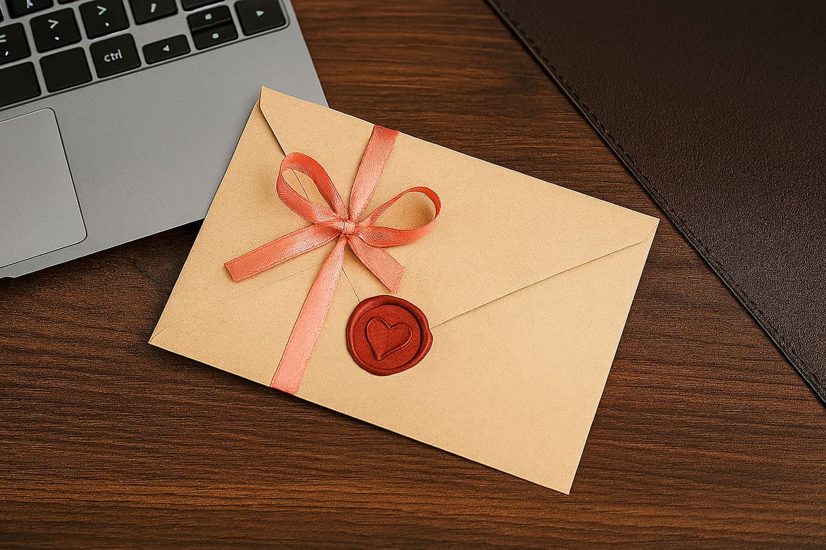 Image d'une enveloppe scellée d'un cœur avec un ruban rose, posée sur un ordinateur.