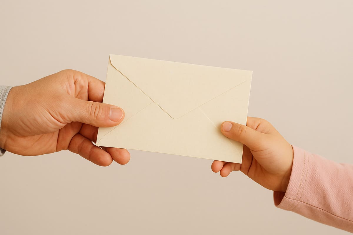 Un homme tend sa lettre de donation à son enfant.