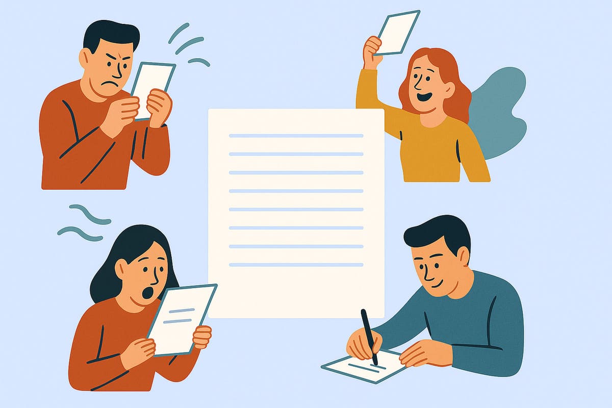 Quatre personnes réagissent à leurs lettres : choc, joie, colère et surprise.