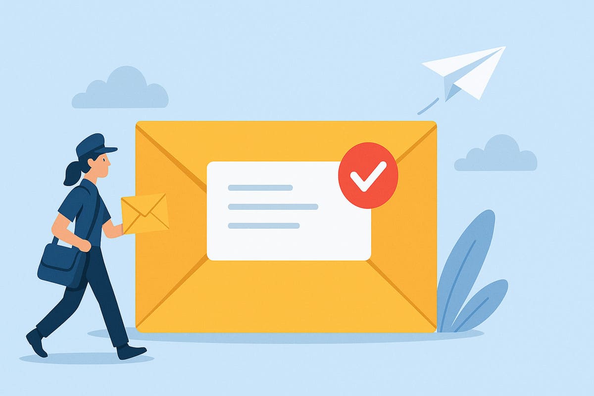 Une factrice achemine une lettre recommandée en dépassant une enveloppe gigantesque.