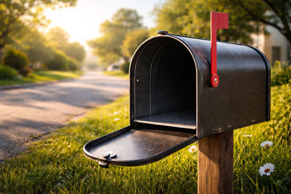 Boîte aux lettres vide noire ouverte avec drapeau rouge dans rue ensoleillée