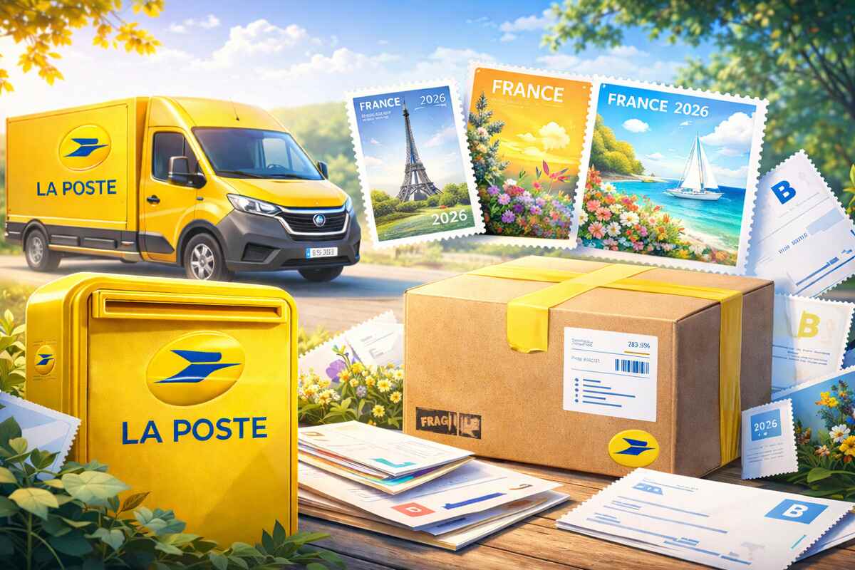 Tarifs postaux 2026 : timbres, courriers, et camionnette de la Poste préparent l'année.