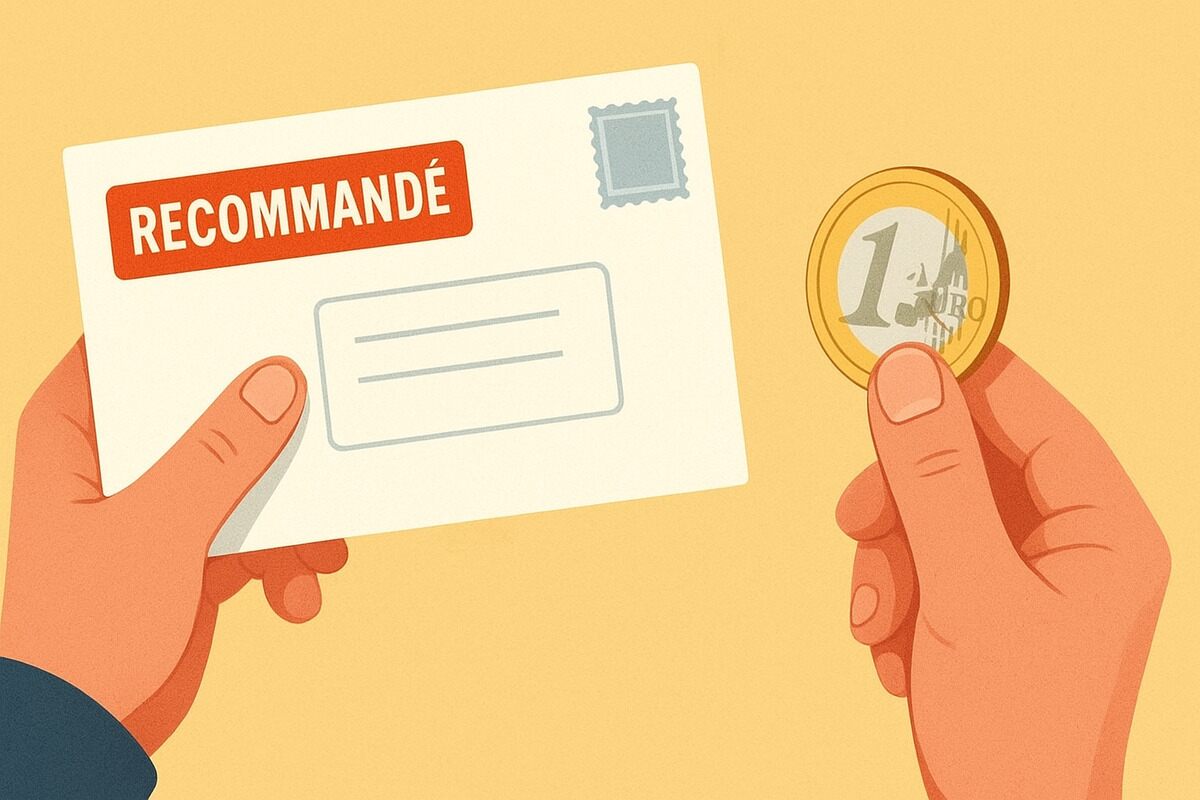 Une main tient une lettre recommandée et une pièce d'un euro.