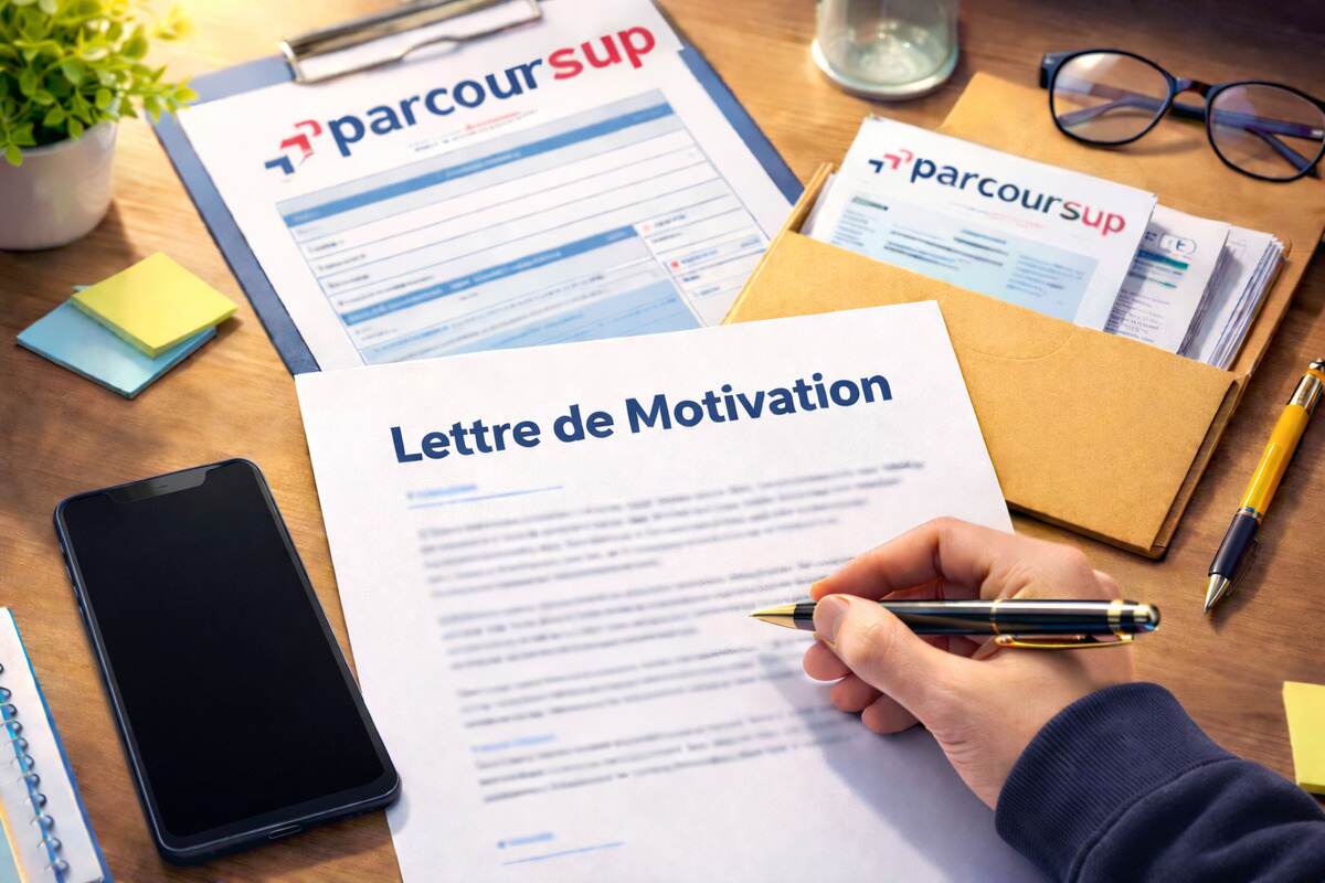 Une personne assise à son bureau rédige sa lettre de motivation Parcoursup.