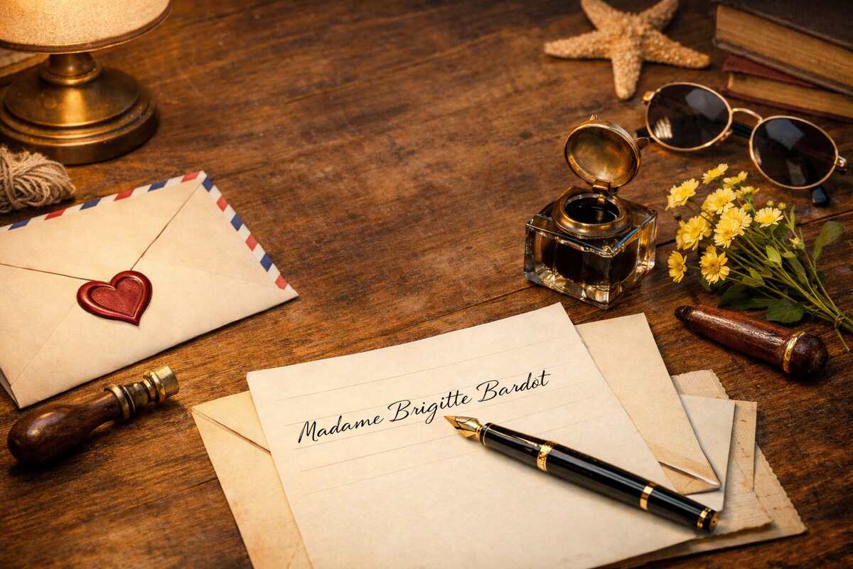 Enveloppe, stylo, feuille et lettre pour écrire à Brigitte Bardot.