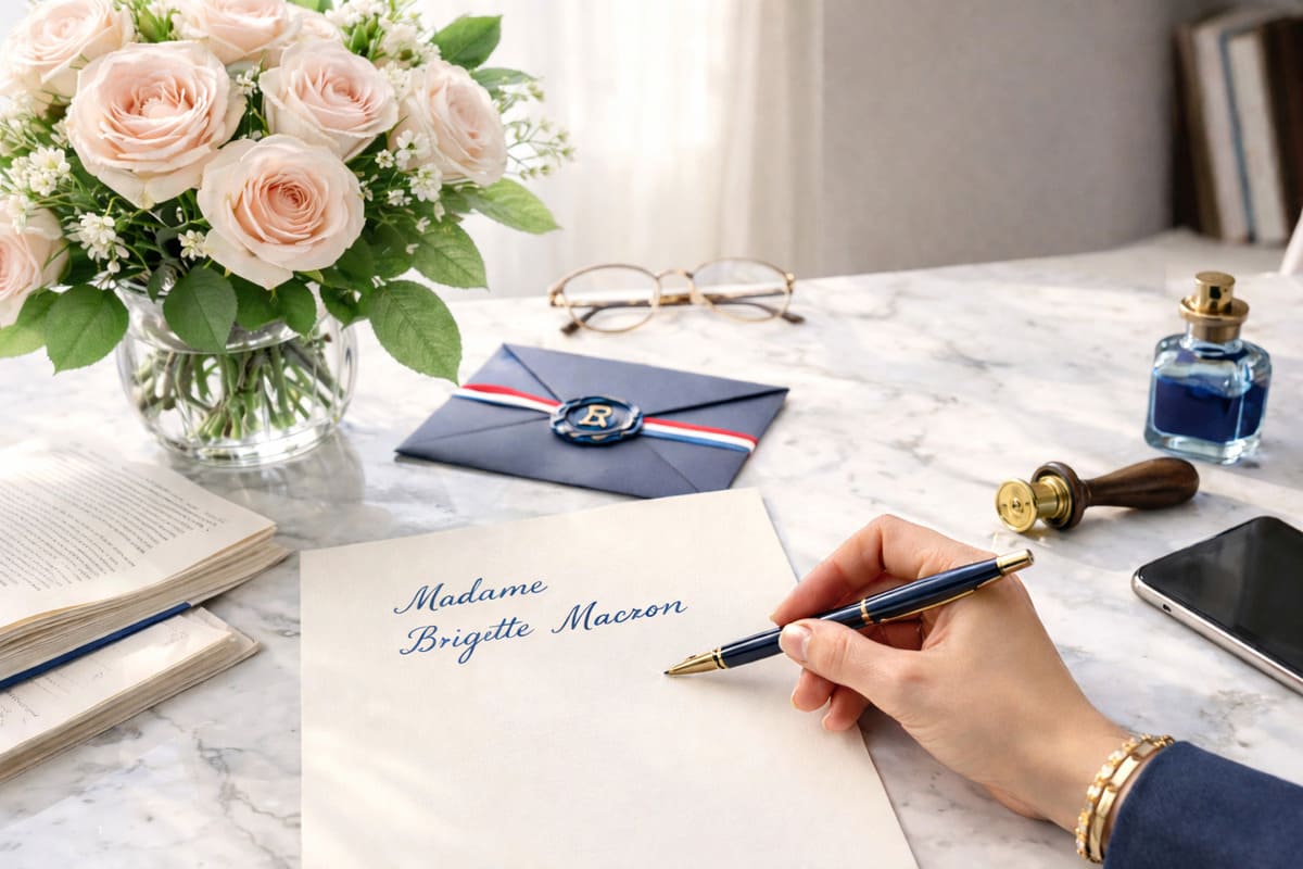 Stylo, enveloppe, lettre présents pour écrire à Brigitte Macron par courrier.