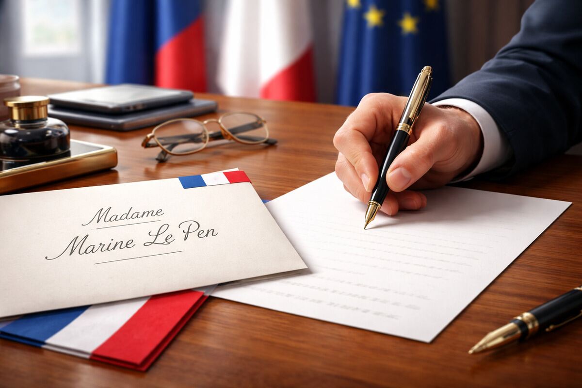Un homme est en train d'écrire à Marine Le Pen par courrier.