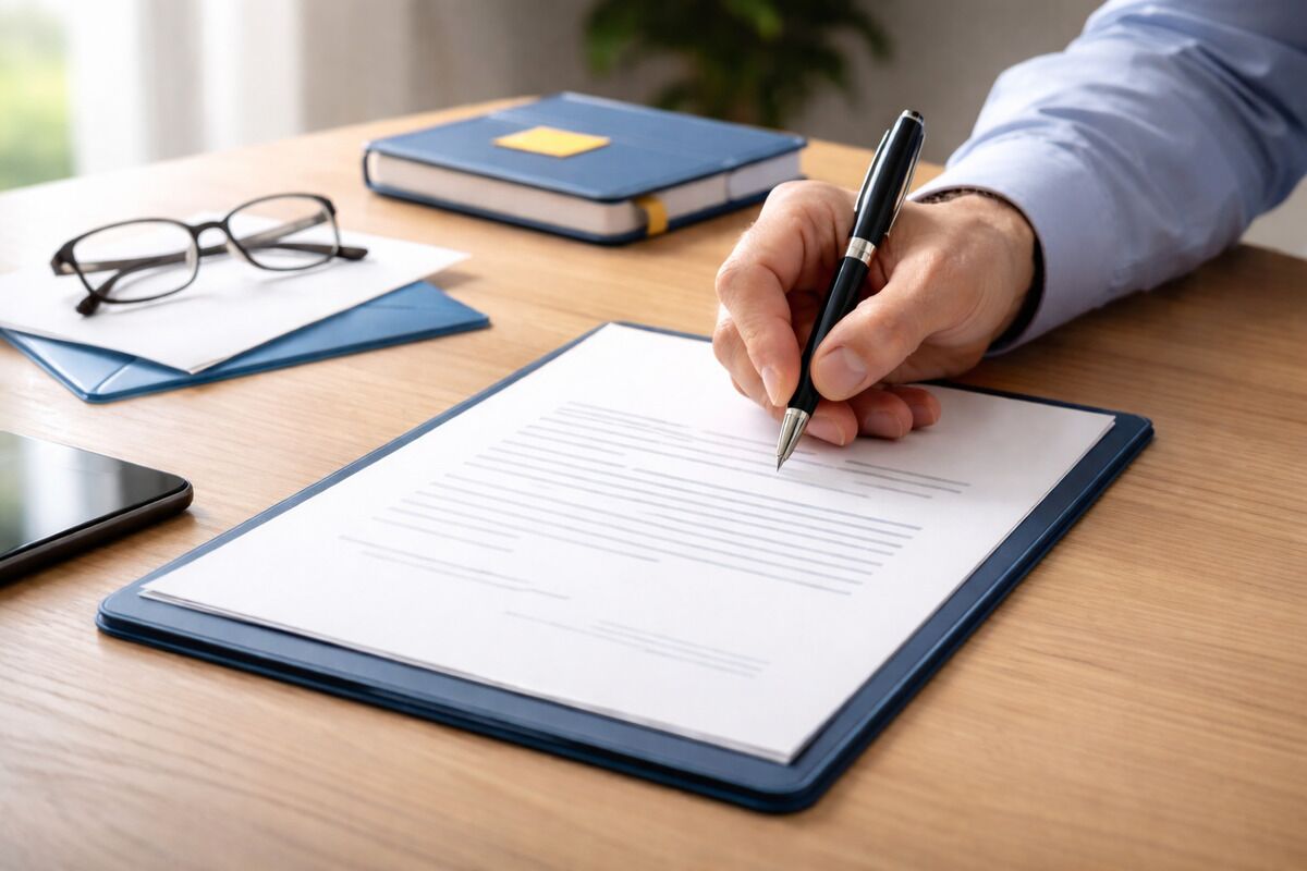 Un homme rédige une lettre de procuration manuscrite.