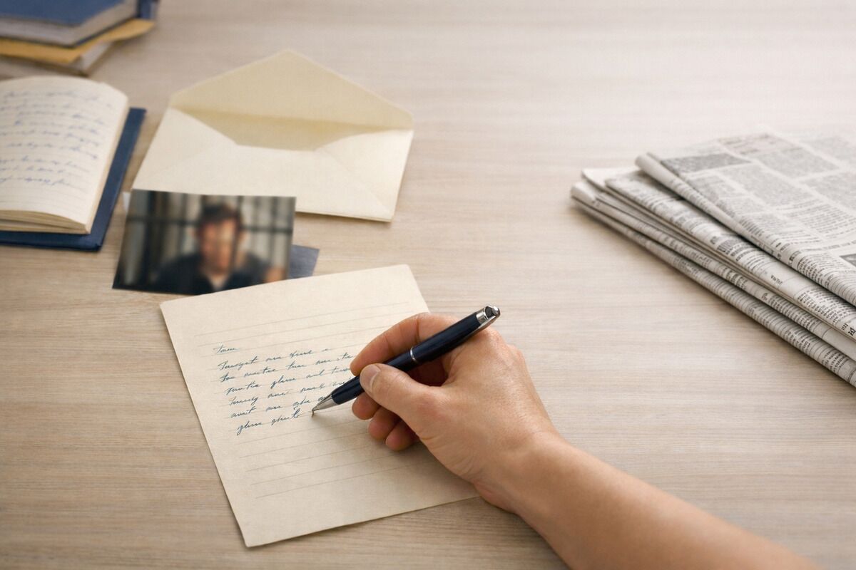 Un homme prend un stylo pour écrire à un prisonnier par courrier.