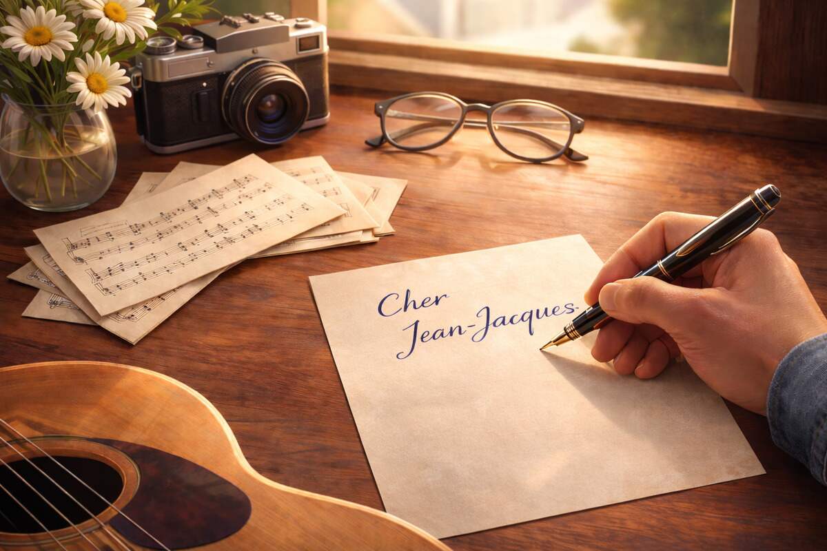 Une personne s'apprête à écrire à Jean-Jacques Goldman par courrier.