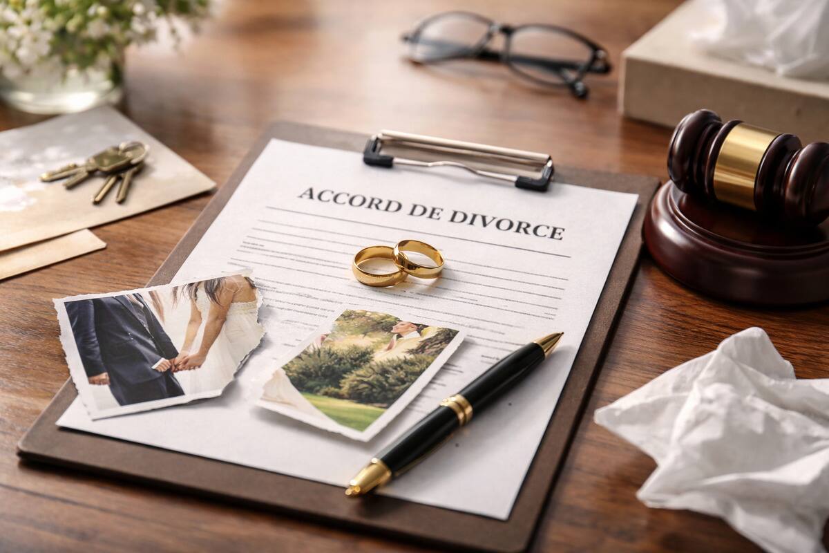 Lettre de divorce avec alliances, photos déchirées et marteau.