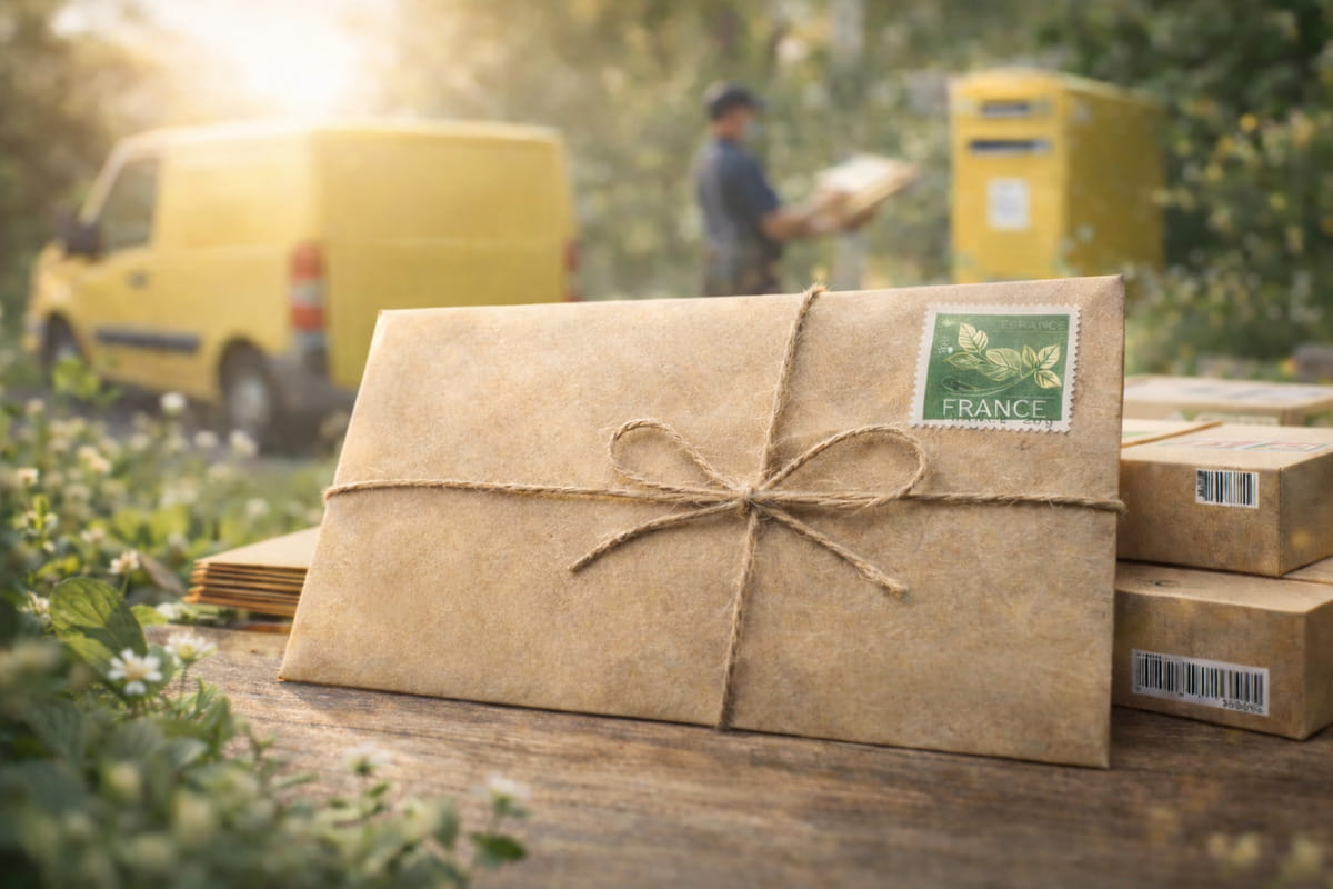 Image d'une lettre écopli en premier plan avec un facteur derrière.