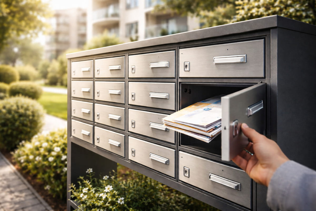 Un homme rentre une lettre dans une boîte aux lettres collective.