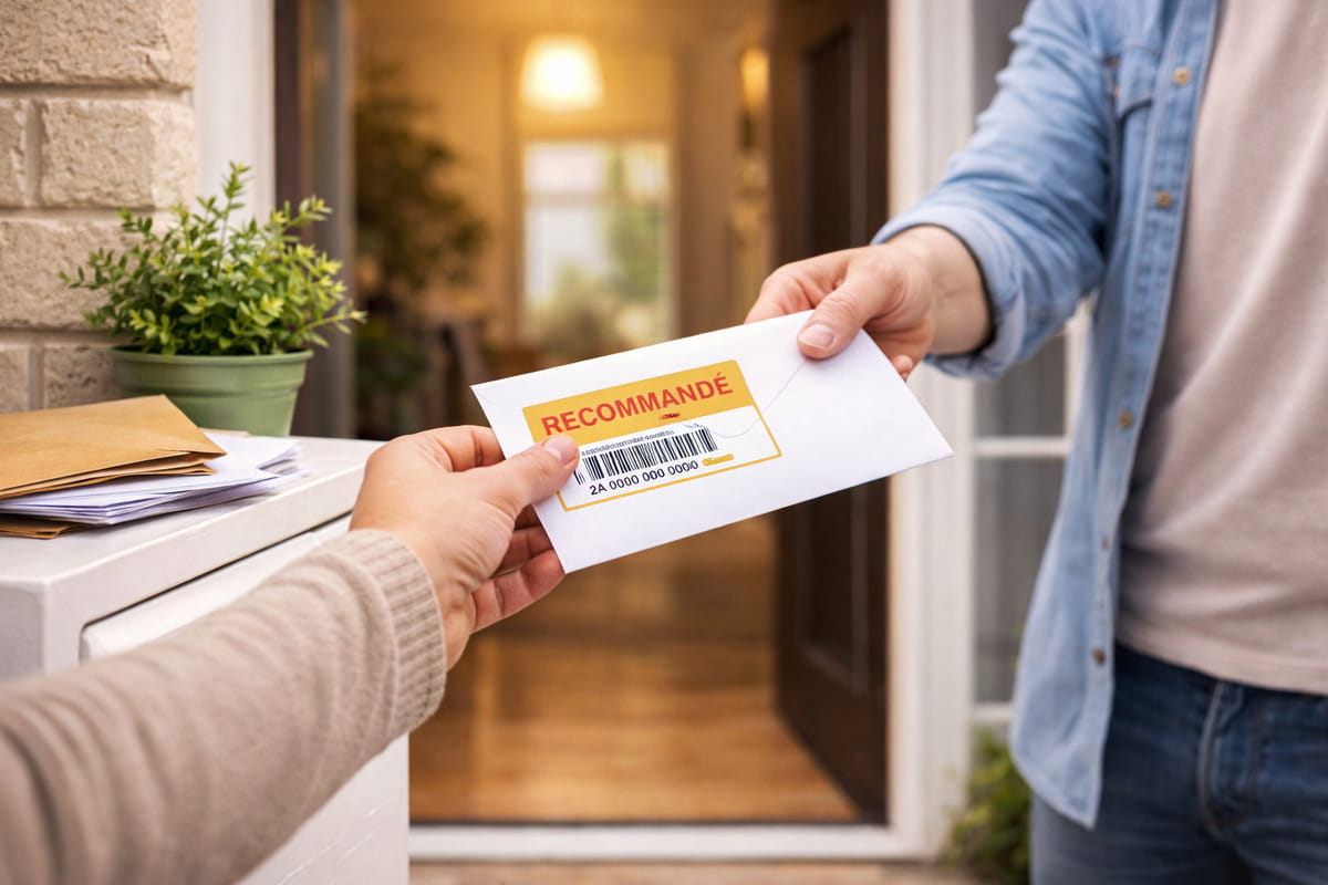 Un proche réceptionne un recommandé pour le destinataire, livré par le facteur.