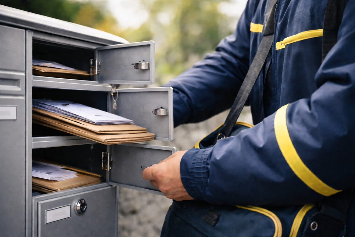 Un facteur utilise sa clé pass PTT pour livrer des courriers.