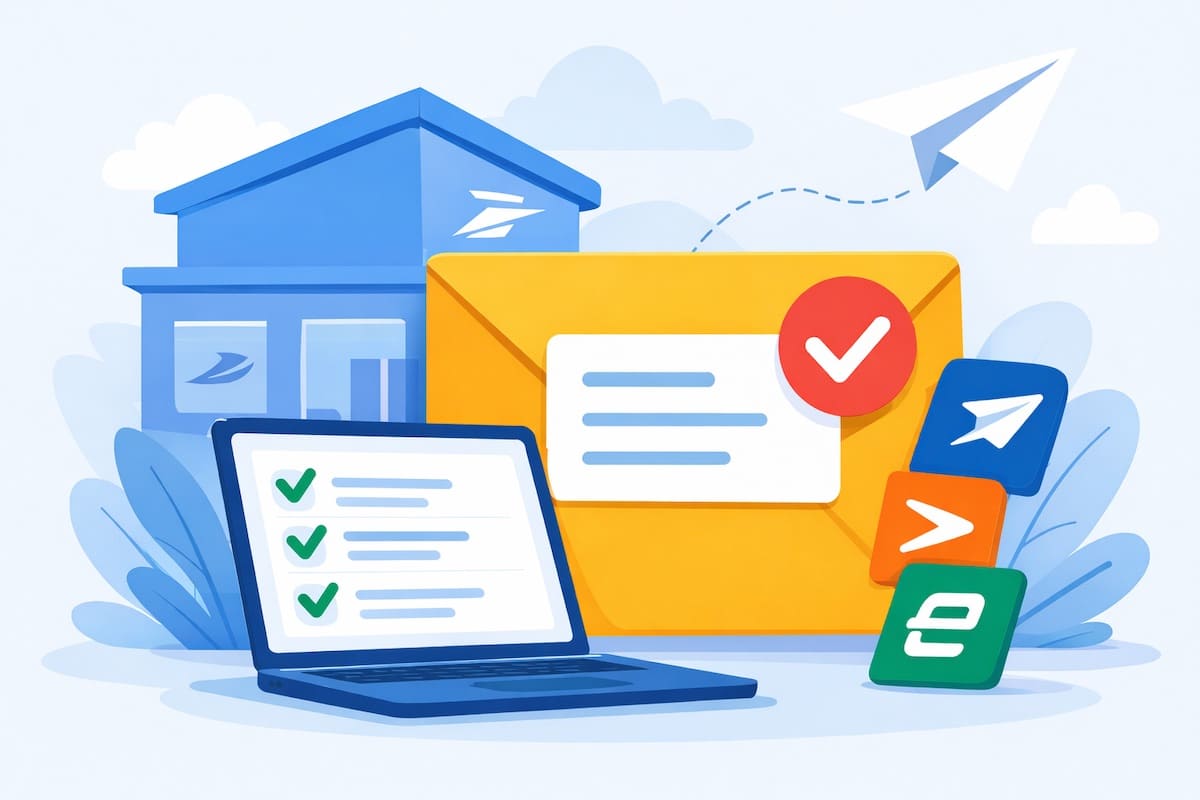 Illustration d'une lettre recommandée avec ordinateur portable et services d'envoi de courrier en ligne.