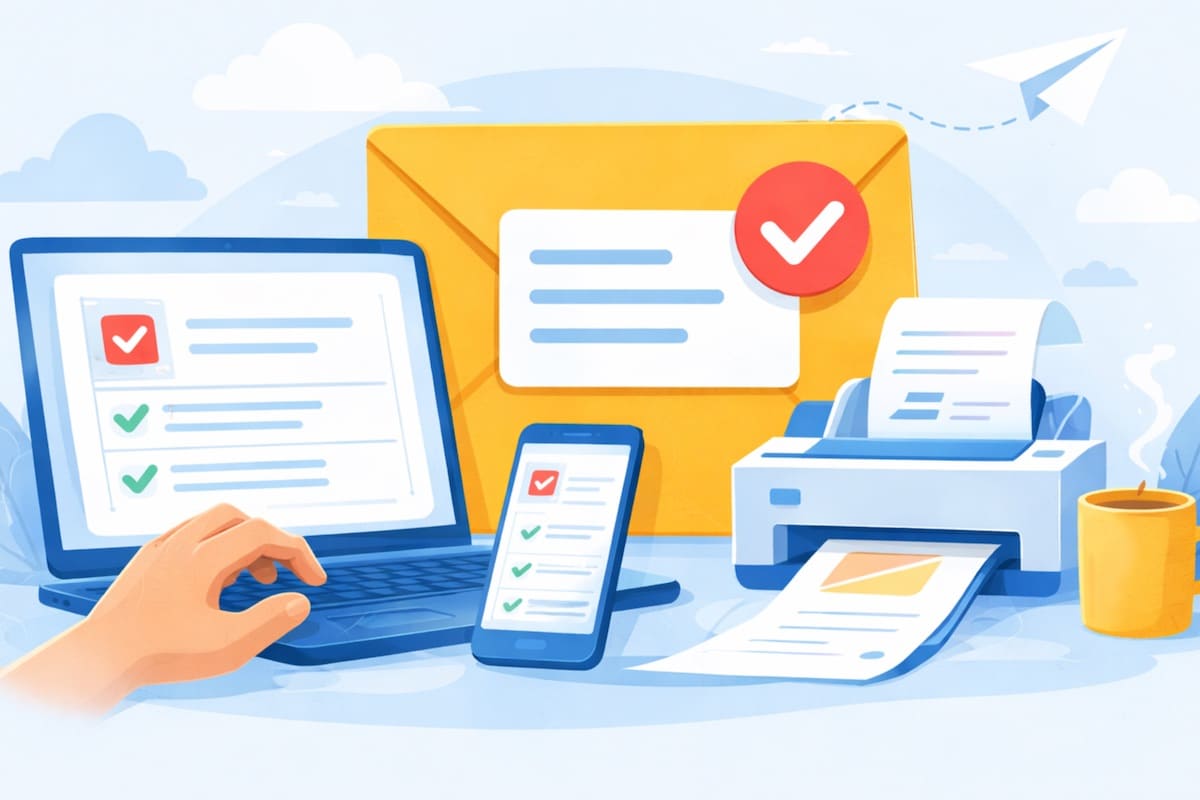 Illustration d’un envoi de lettre recommandée en ligne depuis un smartphone et un ordinateur, avec enveloppe et documents imprimés.