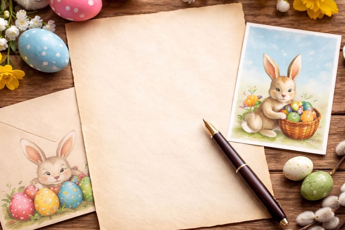 Lettre de Pâques manuscrite posée sur une table avec des œufs colorés et des fleurs de printemps.