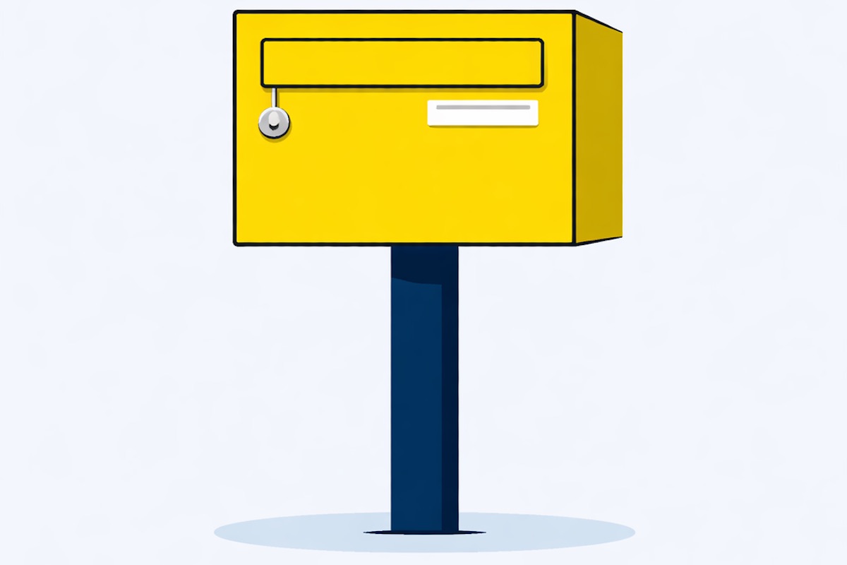 Boîte aux lettres individuelle jaune sur pied avec fente de dépôt et serrure, installée en extérieur pour la réception du courrier.