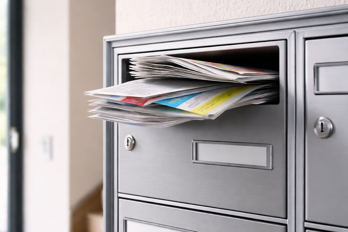 Boîte aux lettres collective débordante de courrier dans un immeuble résidentiel, illustrant une boîte aux lettres pleine empêchant la distribution du courrier.