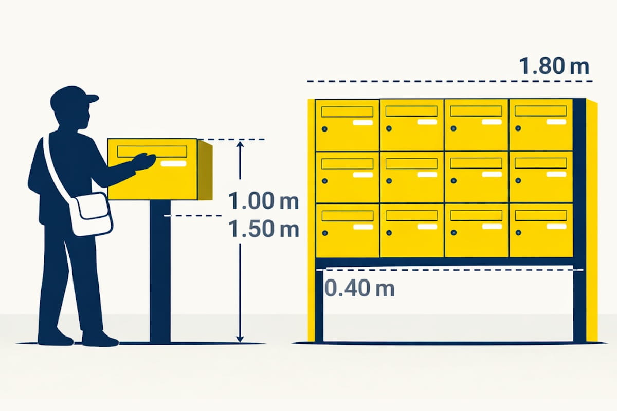 Schéma des dimensions réglementaires des boîtes aux lettres : hauteur d’accès entre 1 m et 1,50 m, bloc collectif jusqu’à 1,80 m avec espace libre de 0,40 m en partie basse.