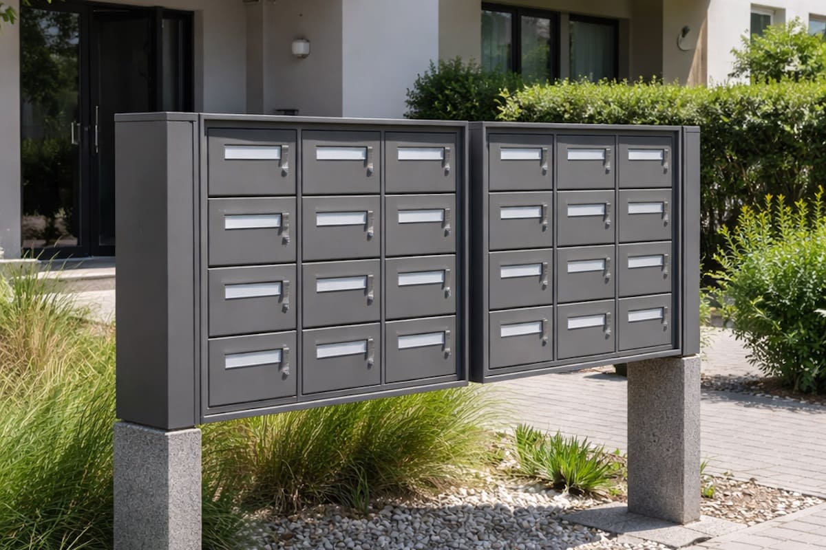 Image de boîtes aux lettres collectives extérieures en premier plan devant un immeuble. Meta description : Boîtes collectives extérieures : norme NF D 27-405, installation sur pied, matériaux résistants, hauteurs réglementaires. Guide complet mis à jour.