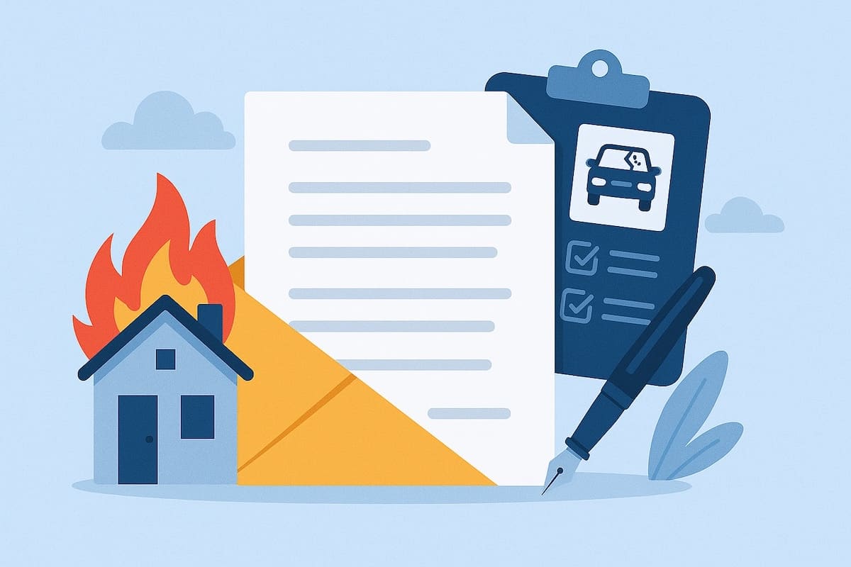 Illustration d’une déclaration de sinistre habitation avec maison incendiée, formulaire d’assurance et courrier à envoyer.