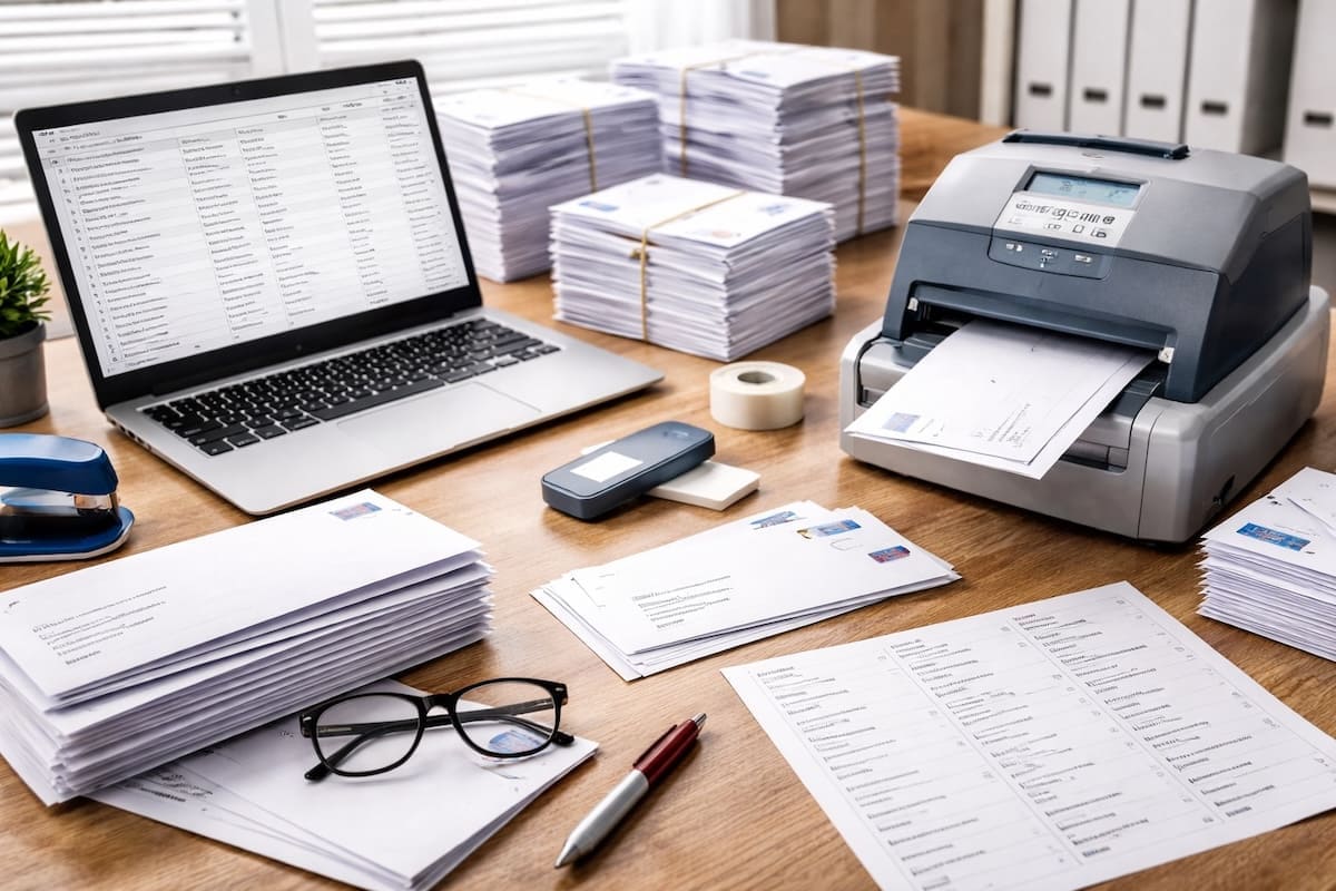 Poste de travail dédié au publipostage avec imprimante, ordinateur portable et piles d’enveloppes affranchies prêtes à être expédiées.