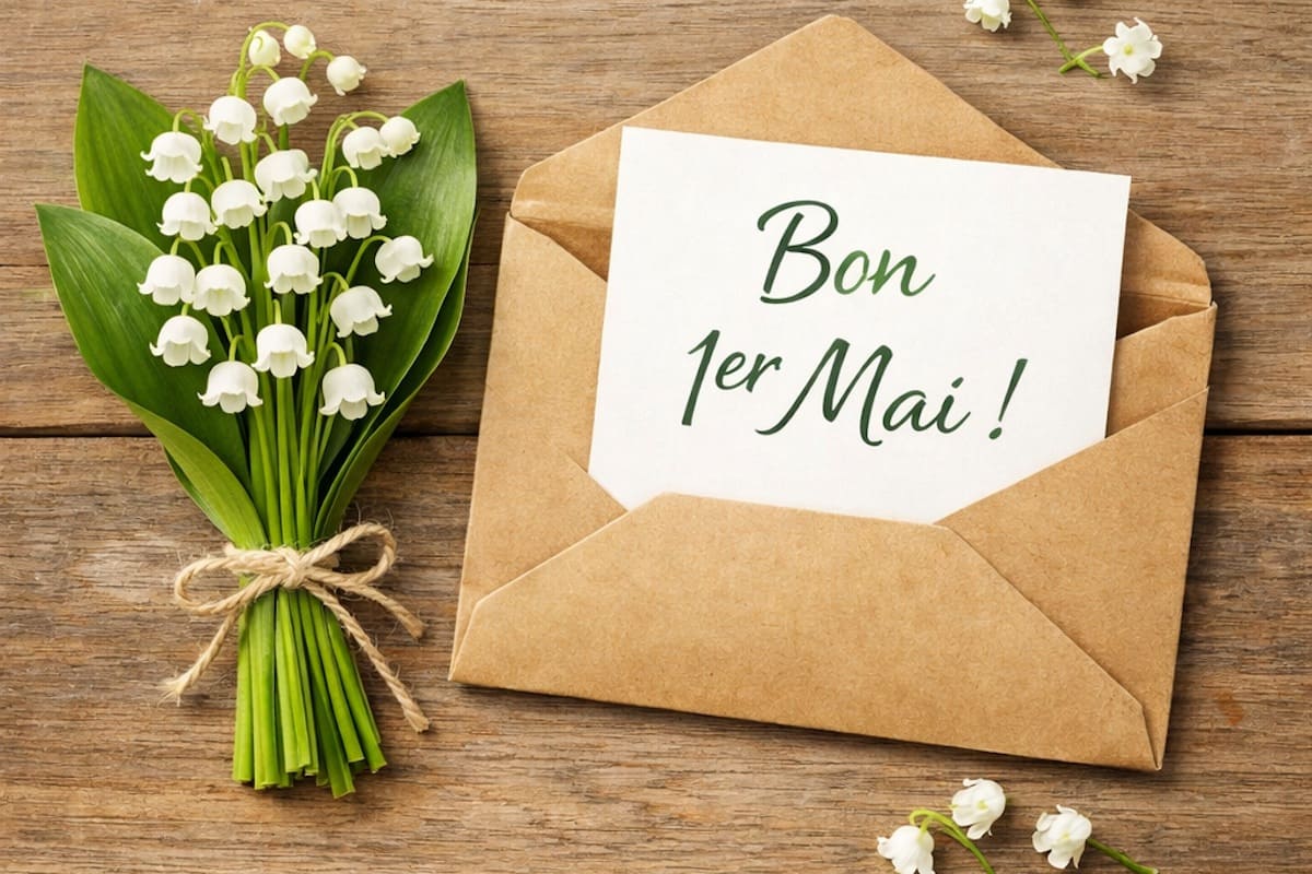 Carte 1er mai avec brin de muguet et enveloppe kraft sur table en bois.