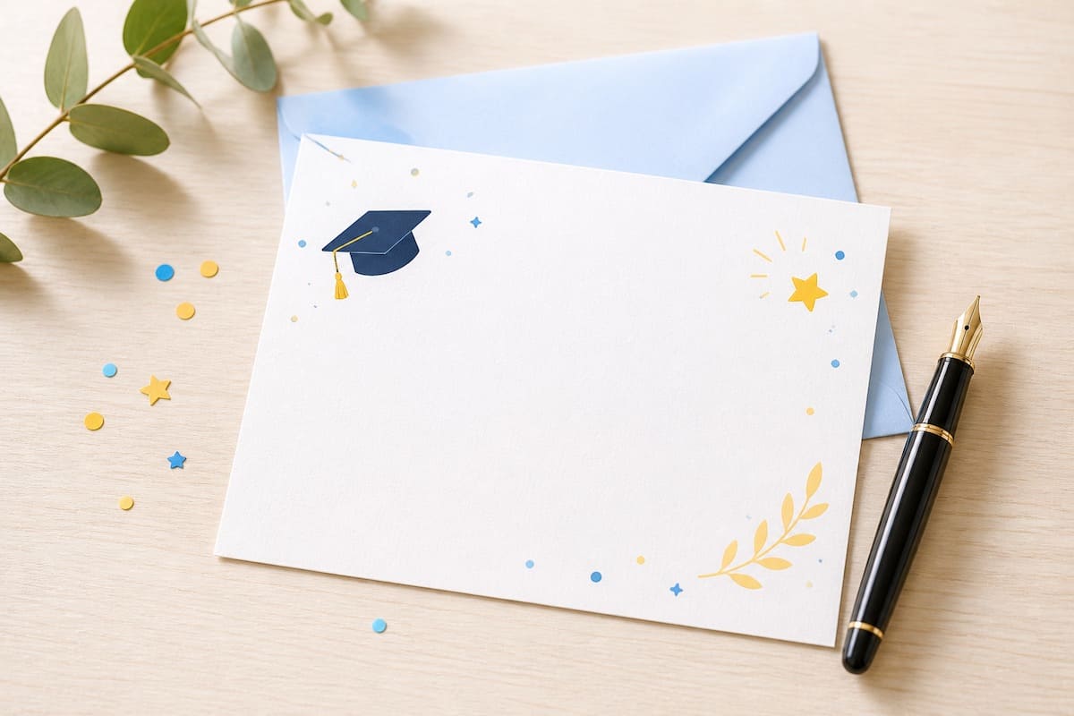 Lettre de félicitations bac posée sur une table avec un stylo et une enveloppe.