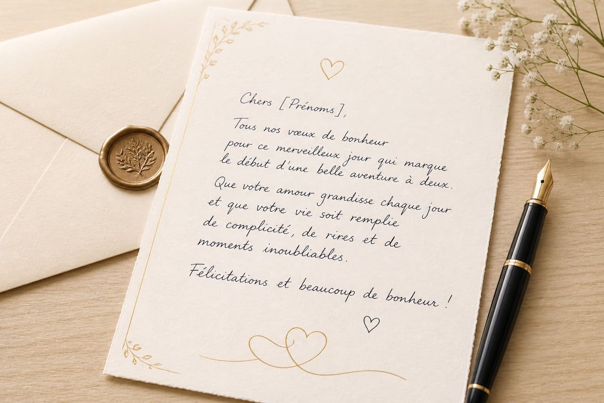 Lettre de félicitations pour un mariage écrite à la main sur papier élégant.