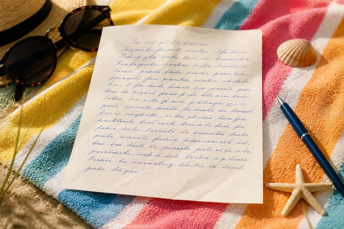 Lettre de vacances écrite à la main posée sur une serviette de plage colorée.