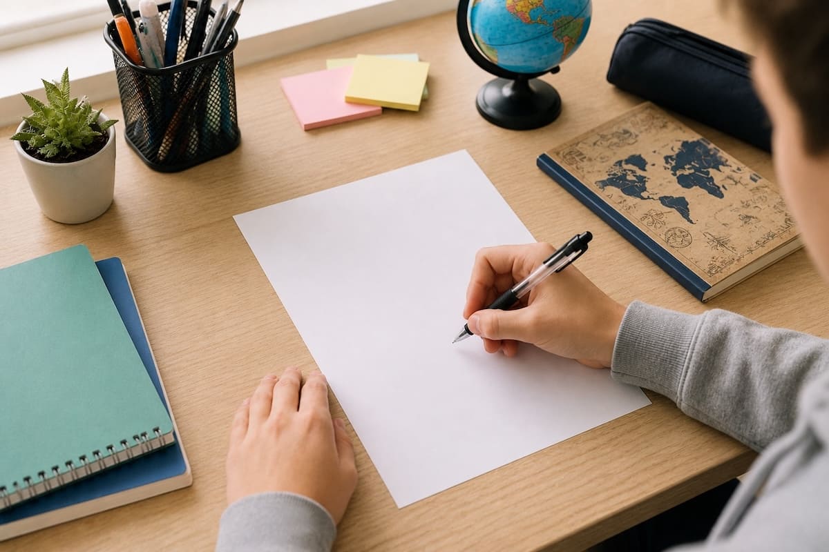 Élève rédigeant une lettre de motivation pour un voyage scolaire à l'étranger posée sur un bureau.