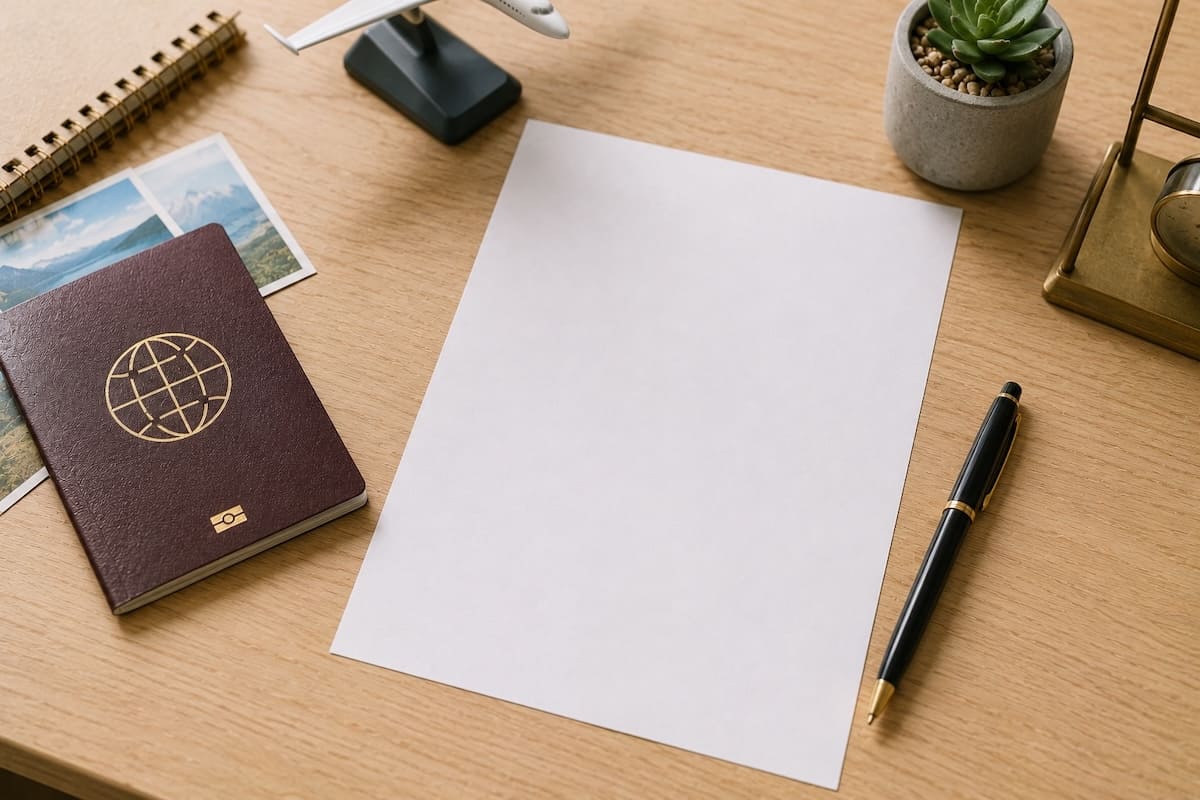 Lettre de demande de congé exceptionnel pour voyage posée sur un bureau avec un passeport.