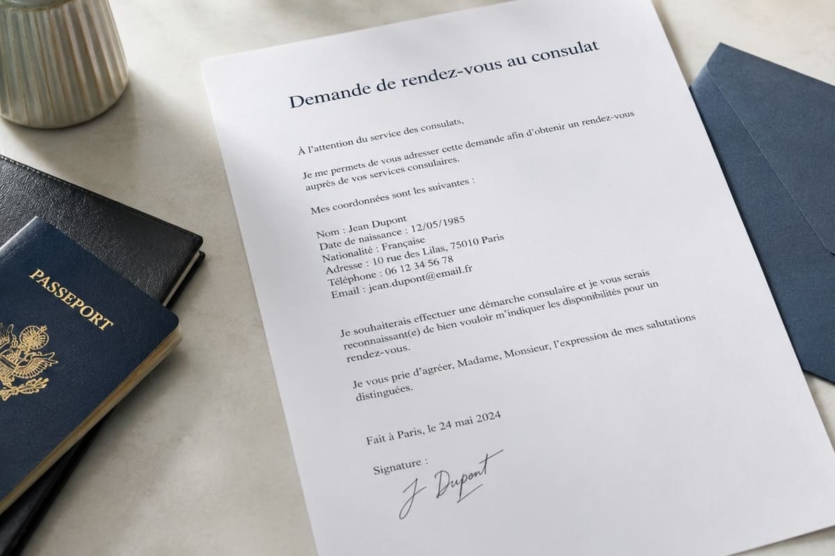 Lettre de demande de rendez-vous au consulat posée sur un bureau avec une enveloppe.