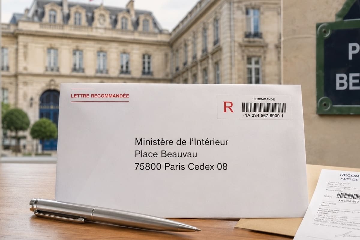 Adresse du Ministère de l'Intérieur, Place Beauvau Paris ; envoi d'une lettre recommandée.