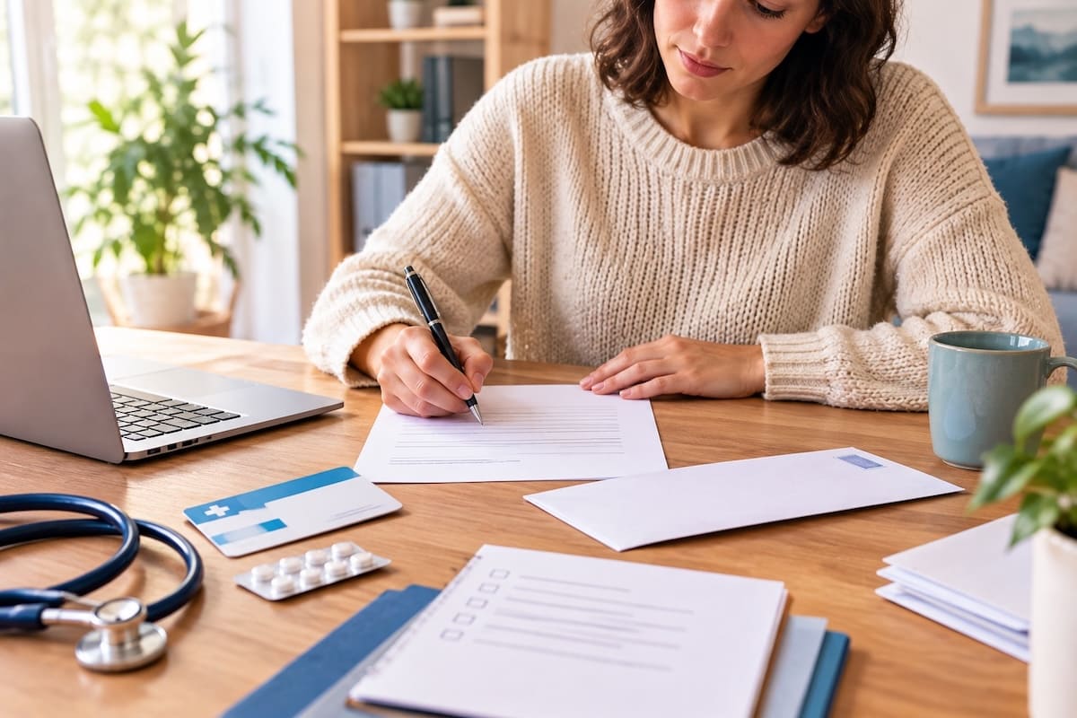 Assuré préparant la résiliation d'une mutuelle santé par lettre recommandée