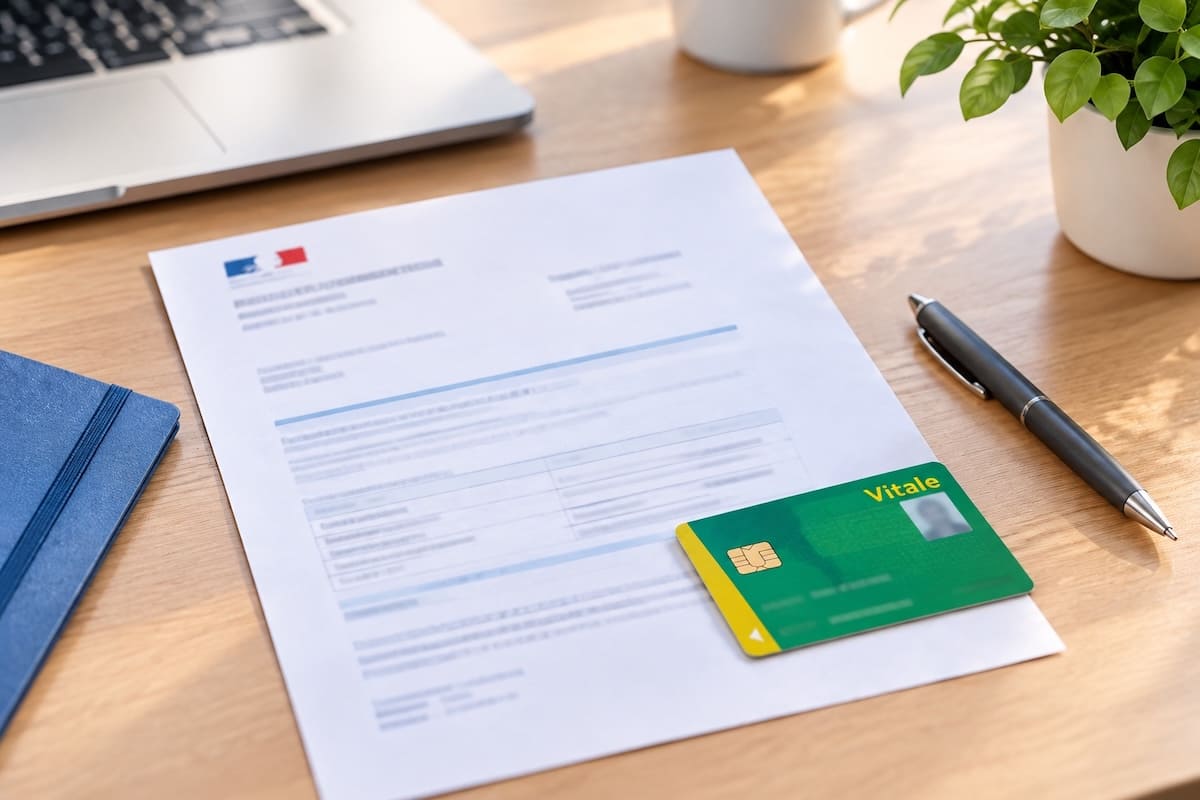 Attestation de droits à la sécurité sociale imprimée à côté d'une carte Vitale