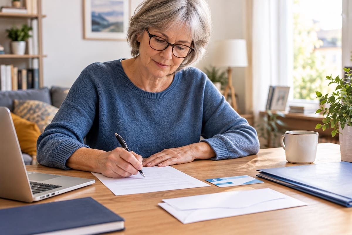 Assuré rédigeant un courrier de demande de maintien de pension d'invalidité adressé à la CPAM