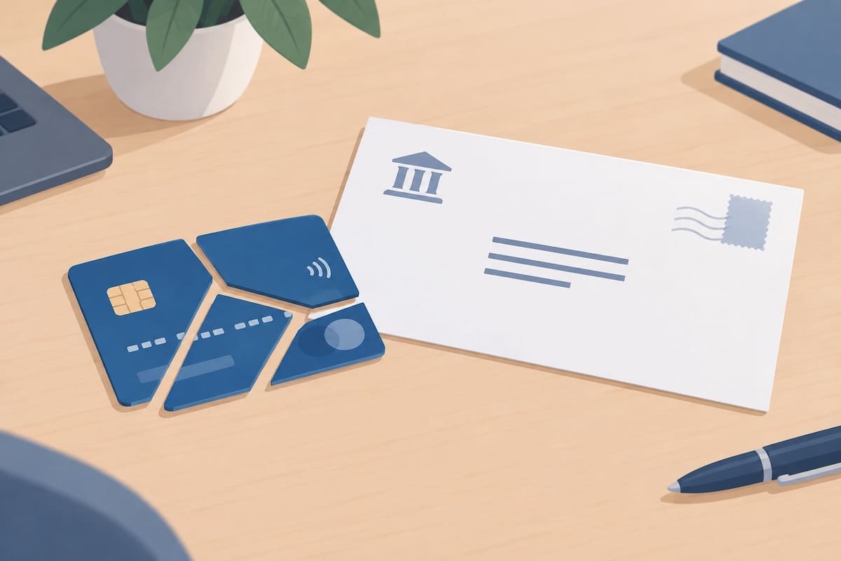Carte bancaire découpée posée à côté d'un courrier de restitution de carte adressé à la banque