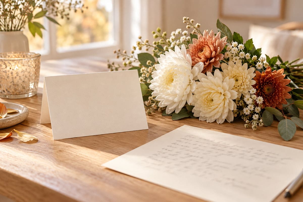 Carte et lettre manuscrite accompagnées de chrysanthèmes pour un message de condoléances Toussaint
