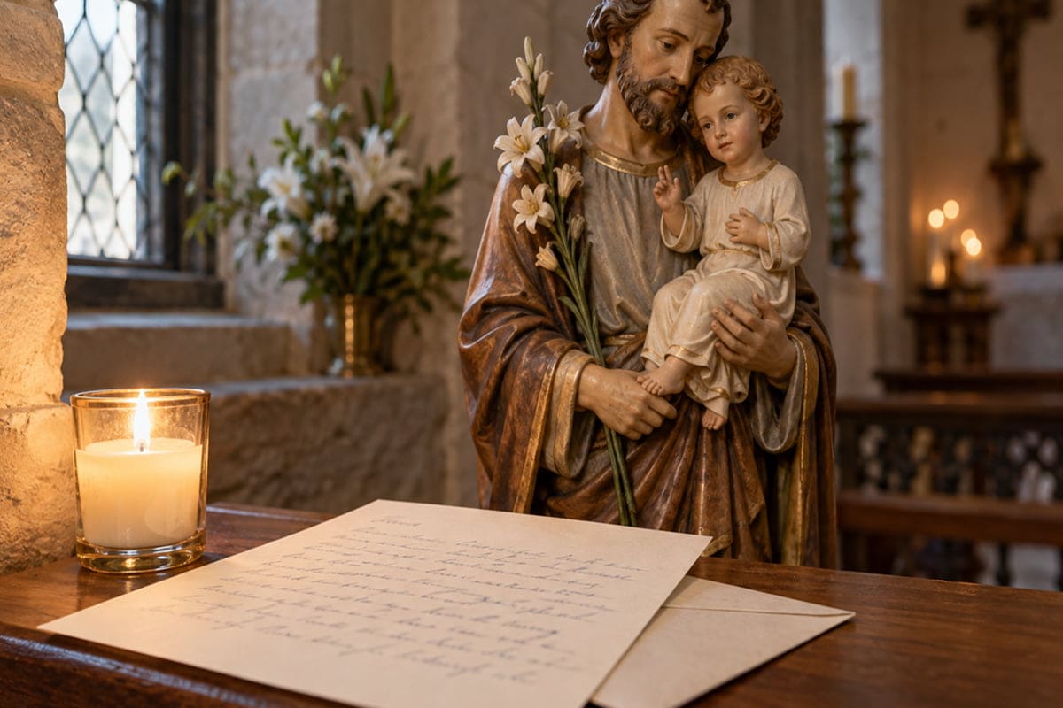 lettre manuscrite posée devant une statue de Saint Joseph