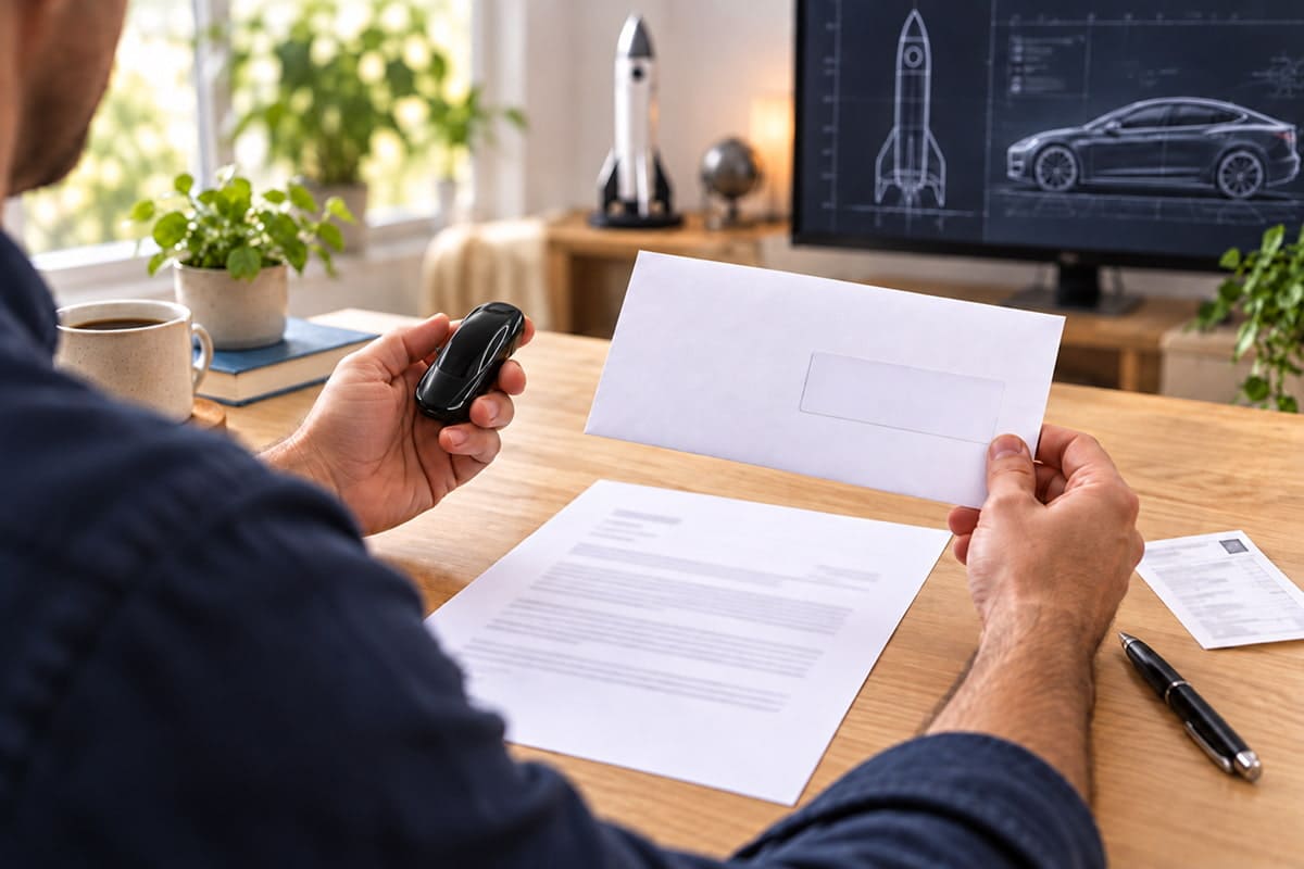Un homme tient une enveloppe pour écrire une lettre à Elon Musk.