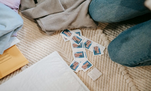 Une personne s’apprête à affranchir une lettre avec des timbres américains.
